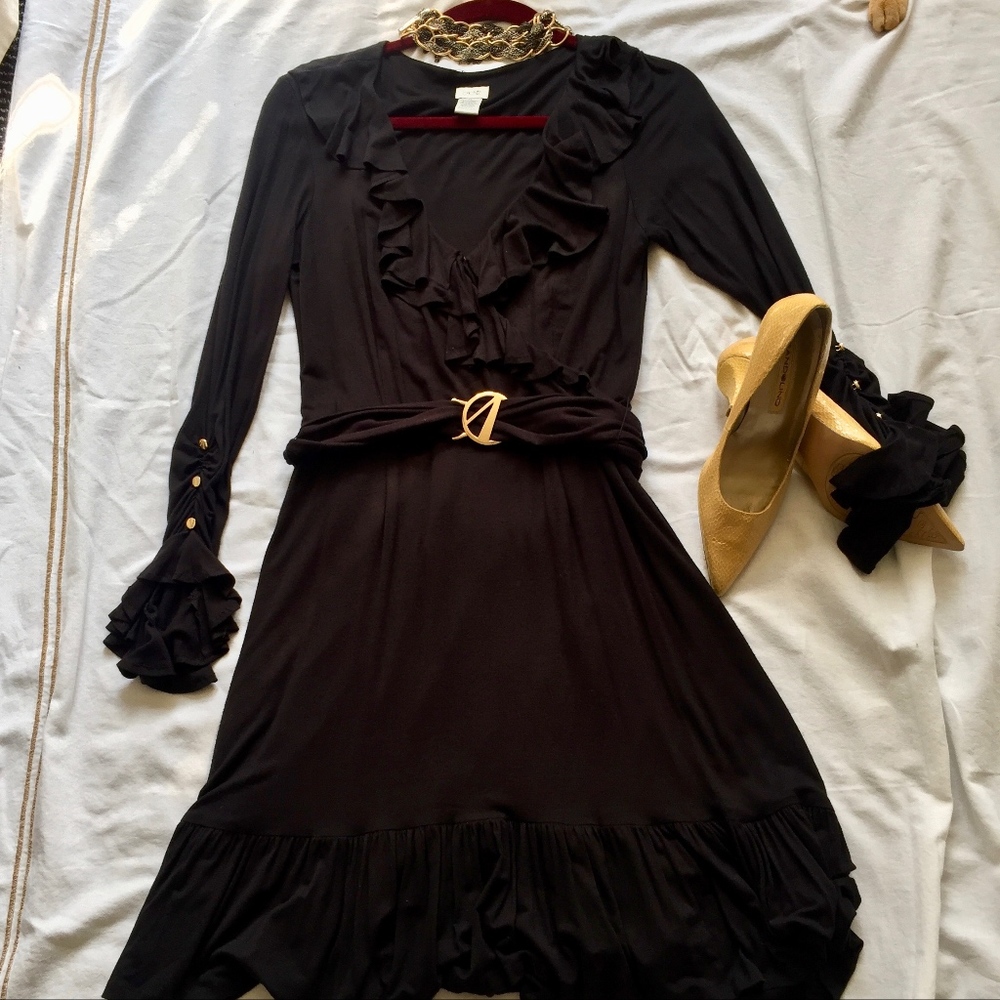 Cache v-neck faux wrap long sleeve midi dress